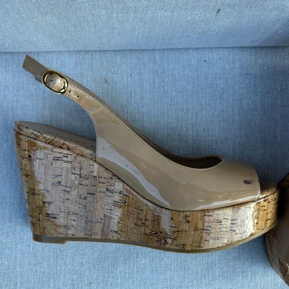 STUART WEITZMAN Wms Sz 7.5 Nude Patent-Leather Cork-Wedge Pumps 3.8" Heels SPAIN - Picture 7 of 8
